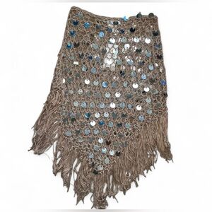 Brown tan festival beach sequin crochet knit poncho with fringe isize Small. New
